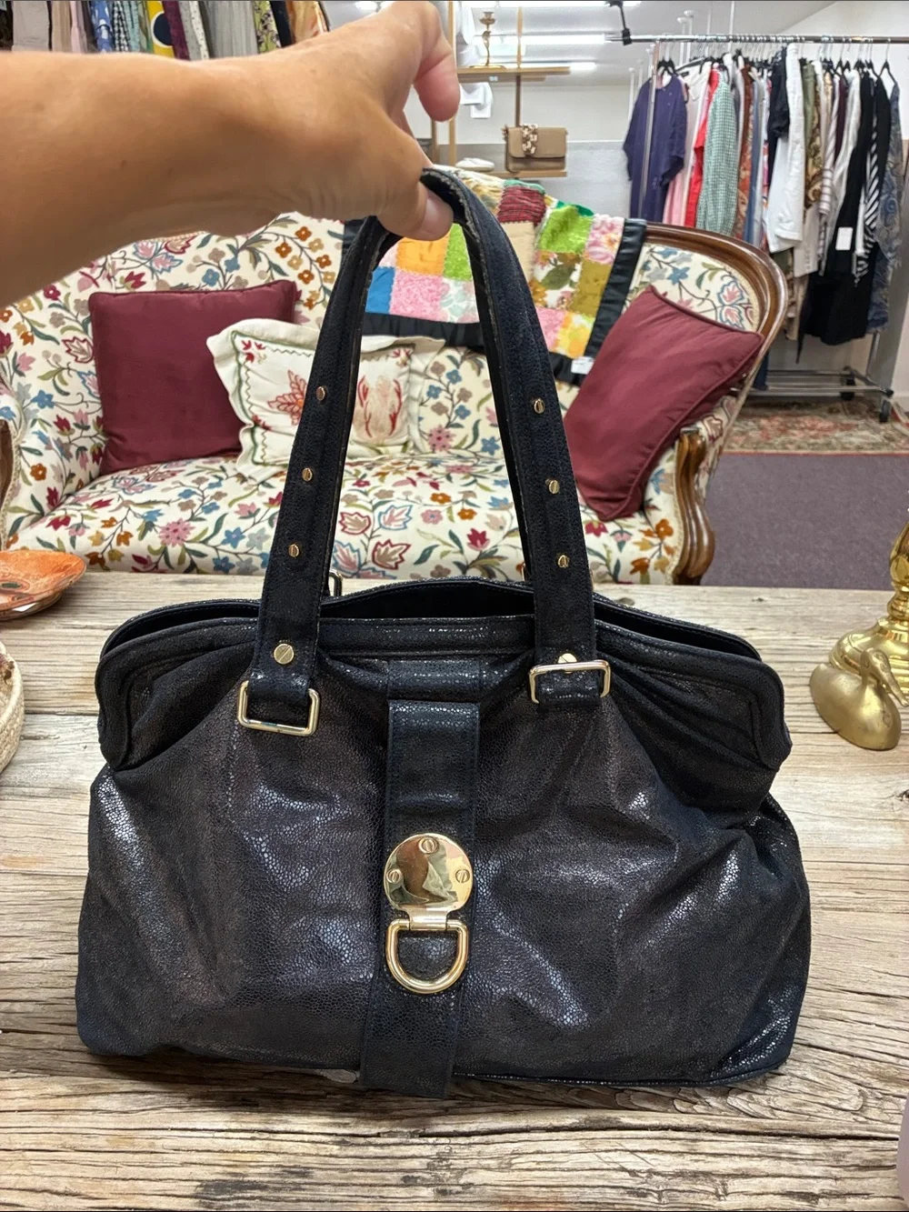 Stella McCartney Navy Blue Leather Tote Handbag Gold Hardware